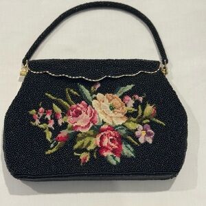 Vintage Elegant Black Beaded Floral Handbag